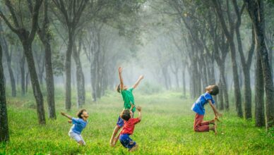 four boy playing ball on green grass